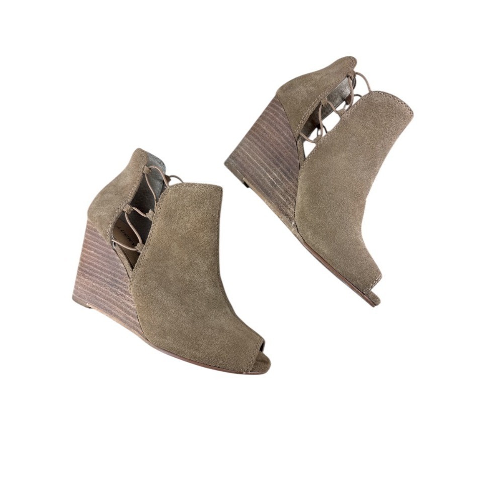 Lucky Brand Reevas Suede Wedge Booties Tan Peep Toe Bootie Women's Size 6.5 Sand
